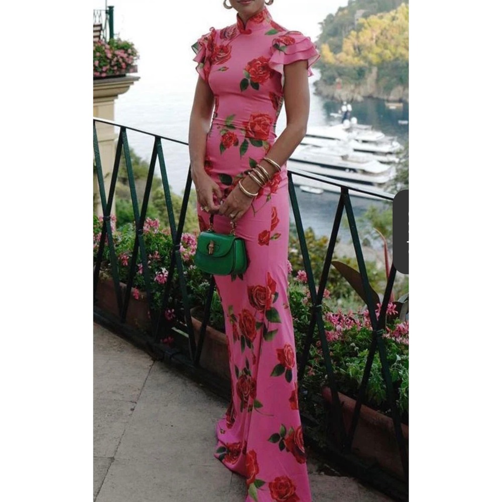 Pink Floral Rose Cheongsam Maxi Dress Mandarin Ruffle M y2k romantic dainty boho